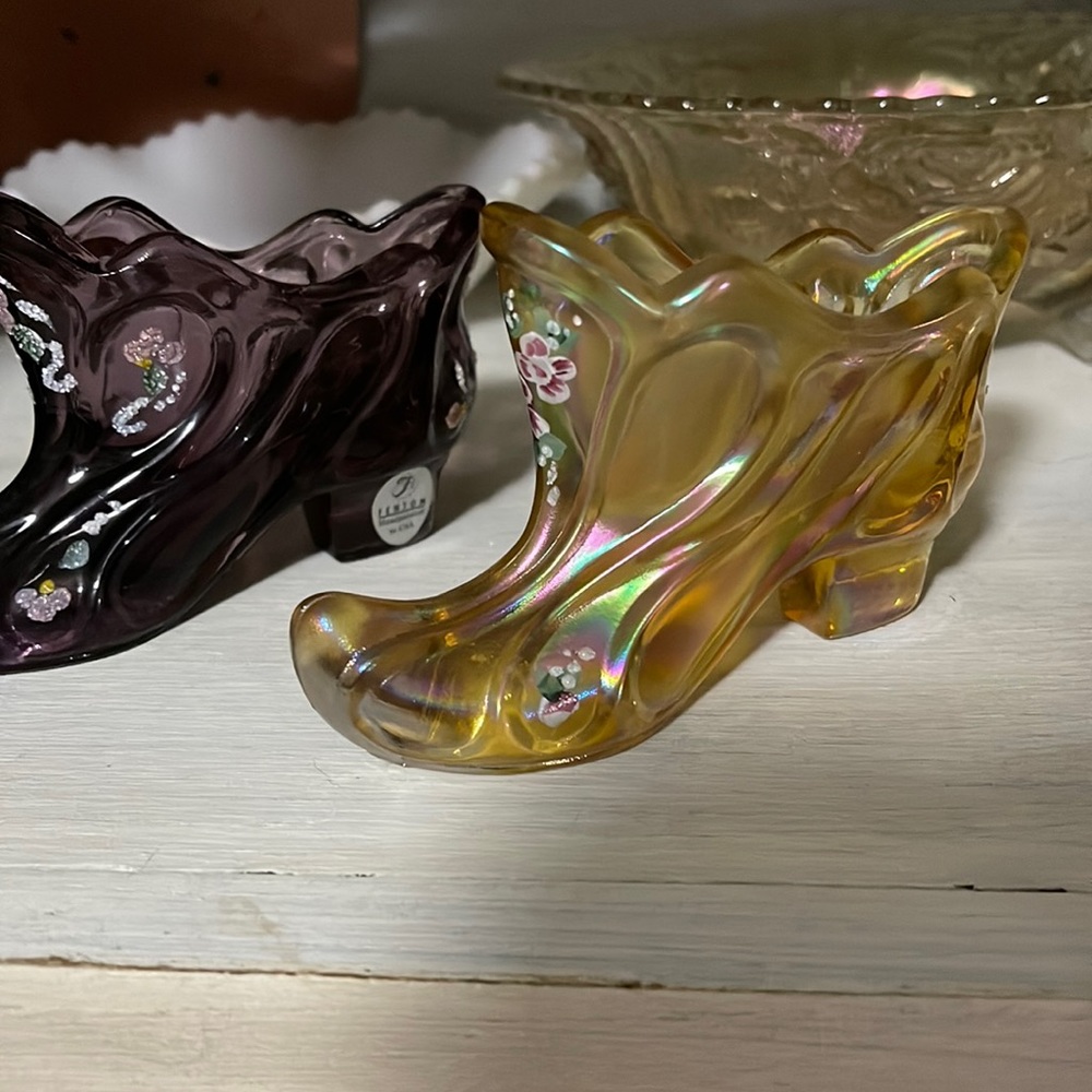 Fenton handpainted carnival glass slipper